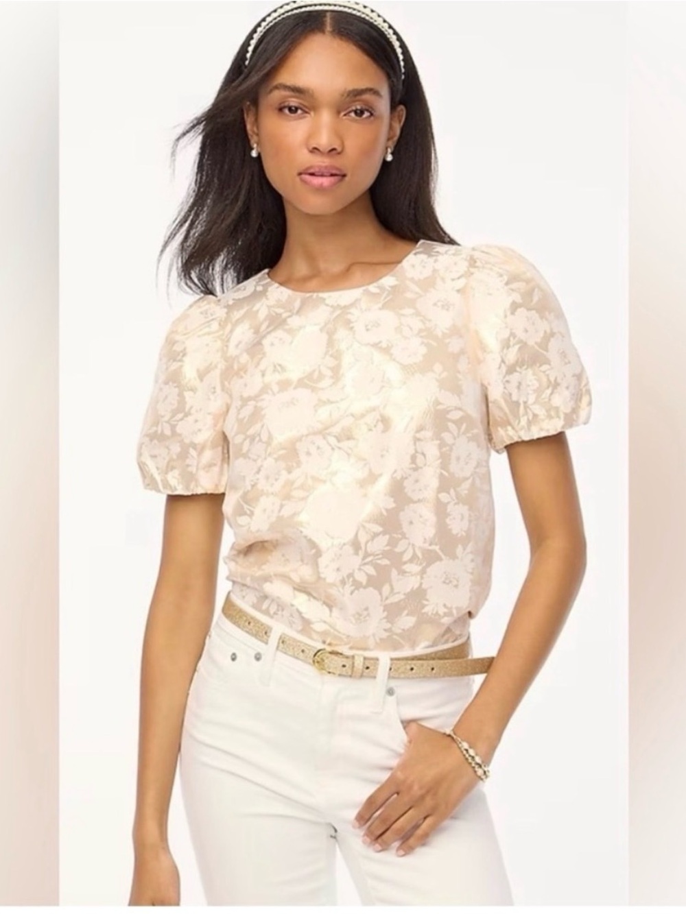 Jcrew gold floral jacquard puff sleeve top size xs